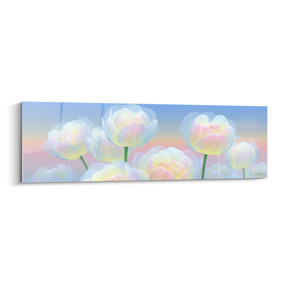 Tulipes translucides bleu pastel et rose déployées sur fond dégradé lumineux, style graphique délicat