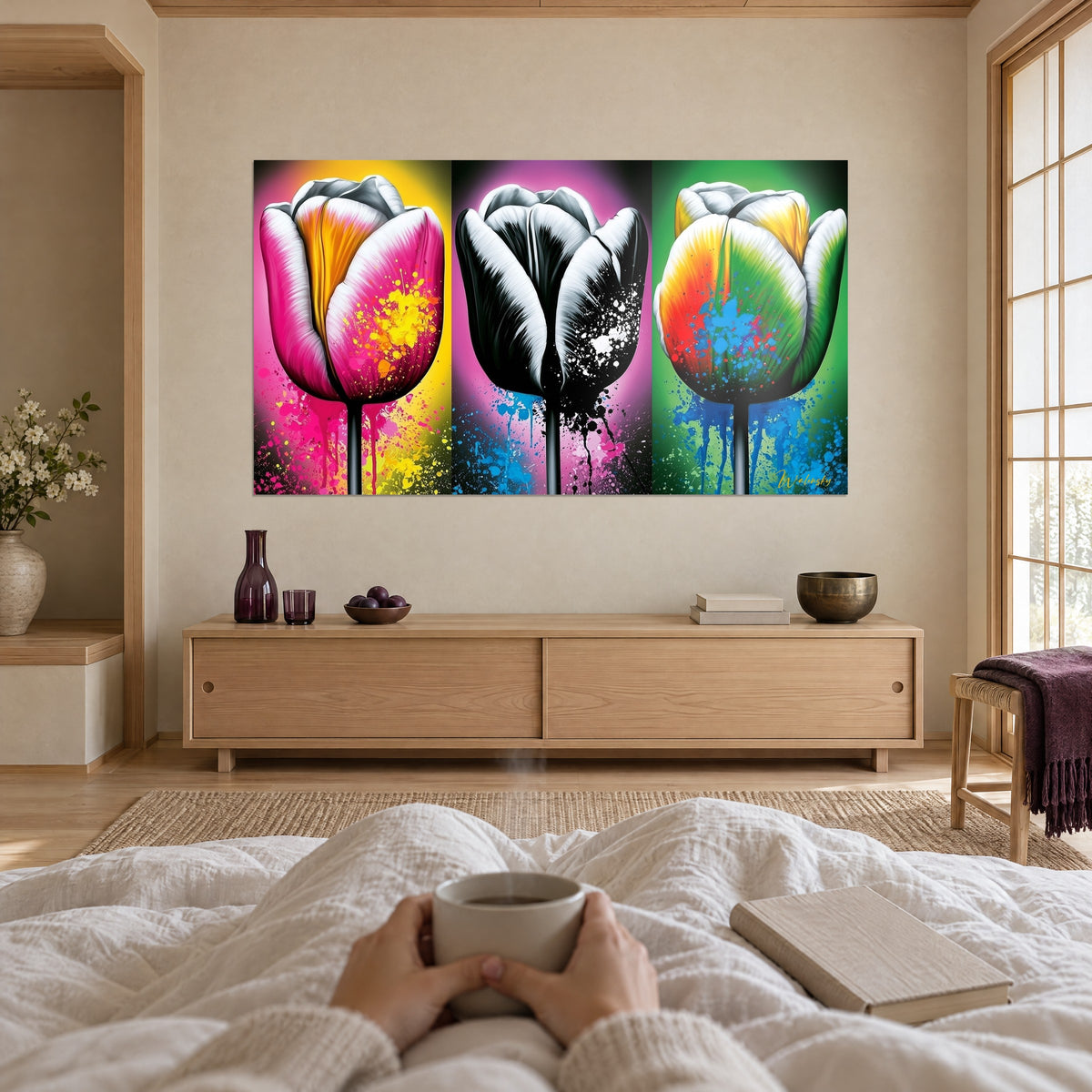 Tableau triptyque floral pop art, pétales fuchsia, noirs et verts, coulures bleues, au-dessus d'un lit dans une chambre claire