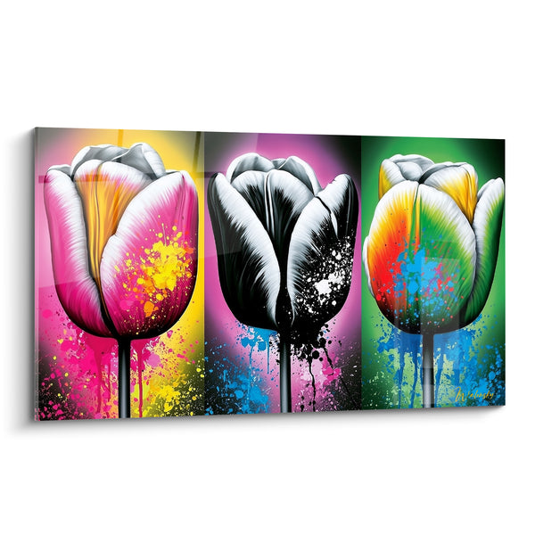 Tableau Tulipes triptyque rose et verte éclaboussées - Explosion florale - Edition Tulipe