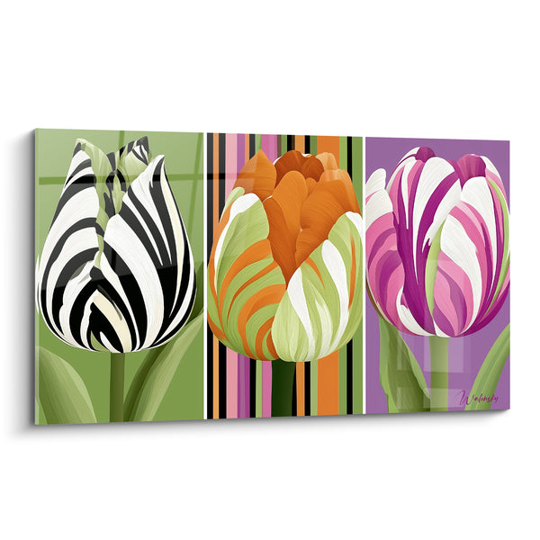 Tríptico de rayas cebra negro y naranja con tallos verdes - Paneles rayados coloridos - Edición Tulipe