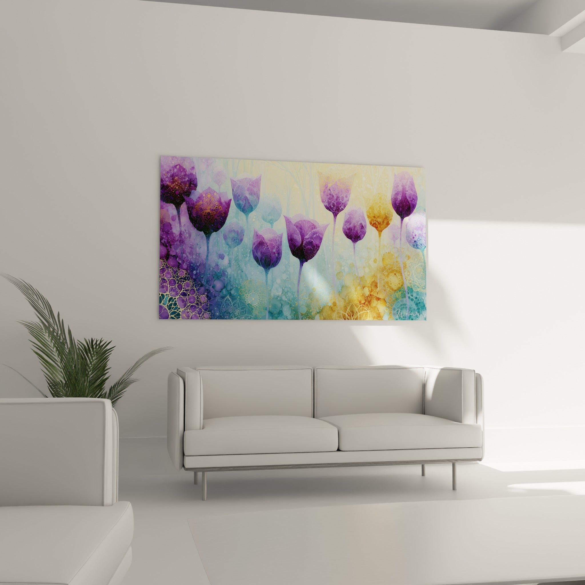 Silhouettes de tulipes dorées et violettes dominent un canapé dans un salon lumineux