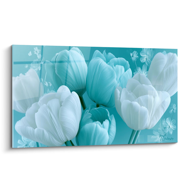 Tableau Tulipes turquoise et blanches en pleine éclosion - Fraîcheur printanière - Edition Tulipe
