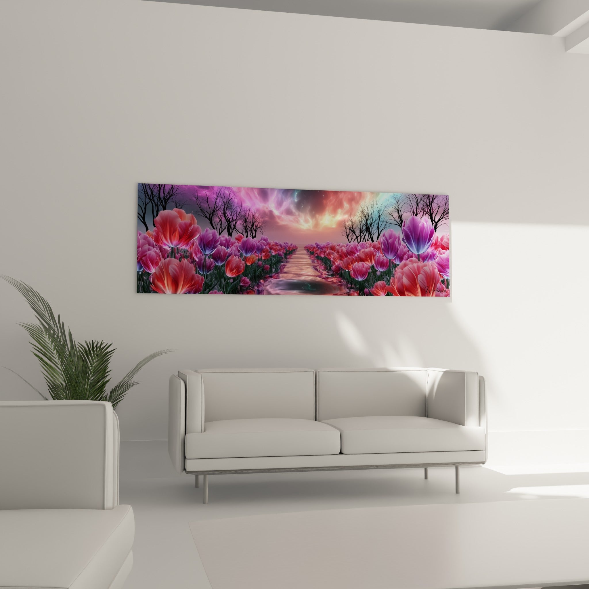 Tulipes translucides roses et turquoise au-dessus d'un canapé dans un salon lumineux