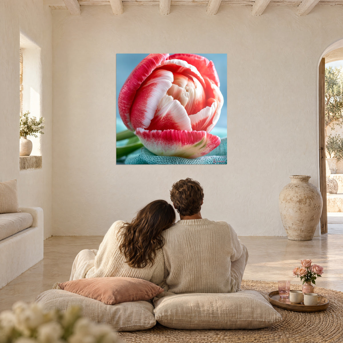 Wall art purple and ivory tulip with swirling petals, turquoise background, couple seen from behind seated on cushions in a white living room