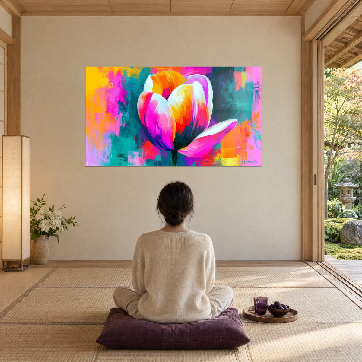 Wall art dazzling spring flower in fuchsia, sunny yellow and turquoise, admired from a plum cushion