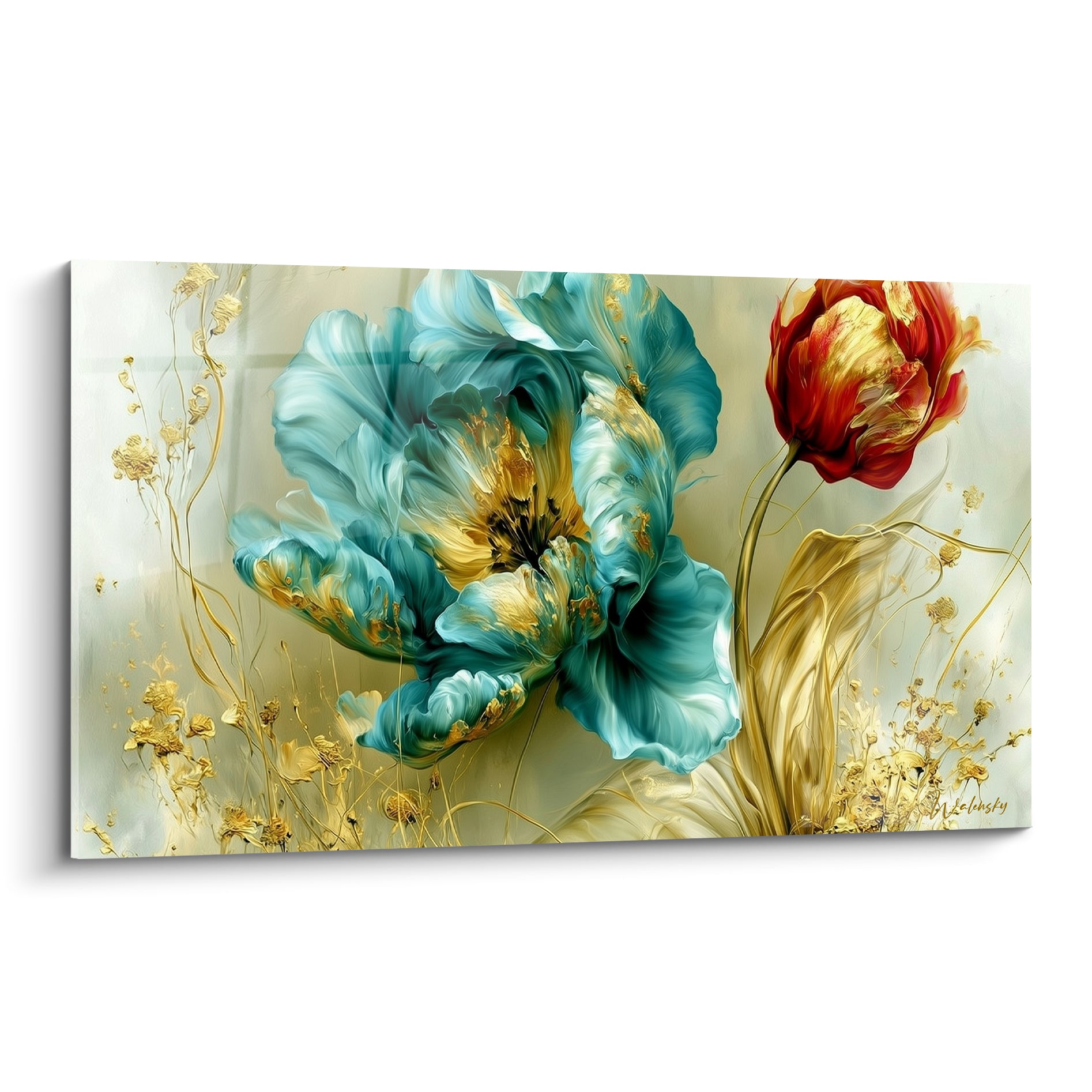 Tulipe turquoise aux pétales veloutés et cœur doré, accompagnée d'une fleur rouge sur fond ocre clair