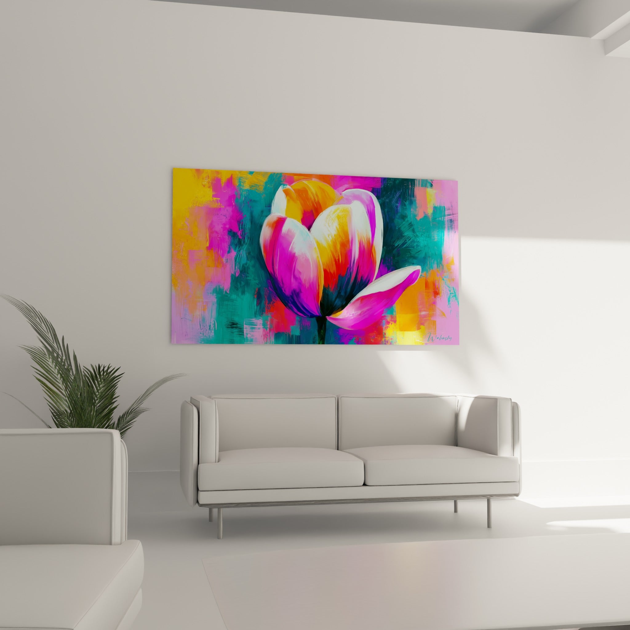 Fleur Tulipe aux tons vifs turquoise et fuchsia accrochée au-dessus d'un canapé dans un salon lumineux