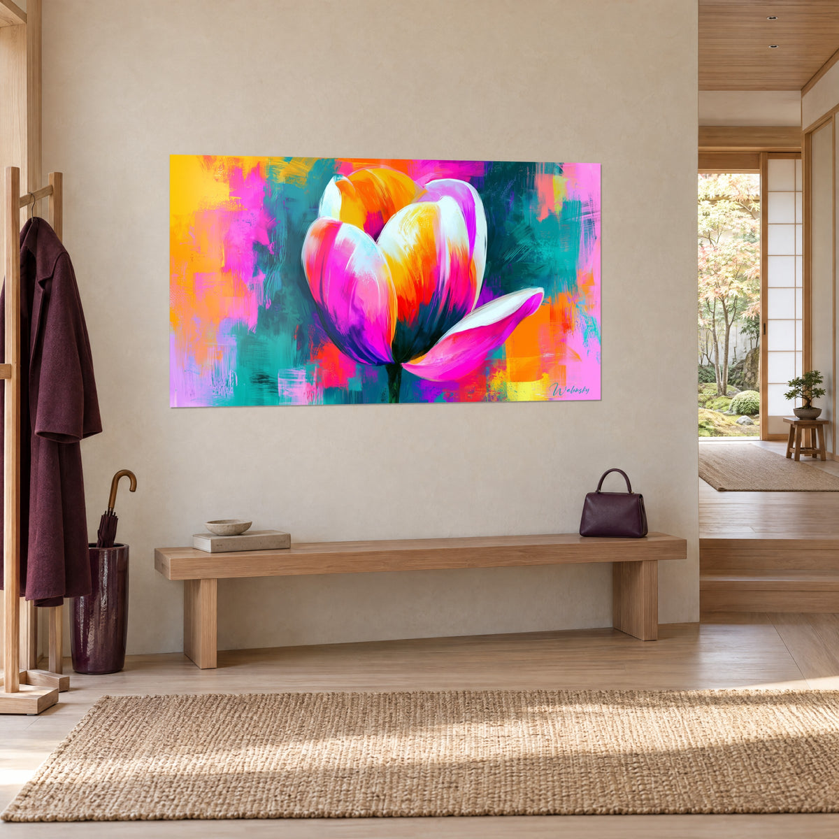 Wall art blooming flower, orange and peony pink petal on teal keys, hung near a light wood bench