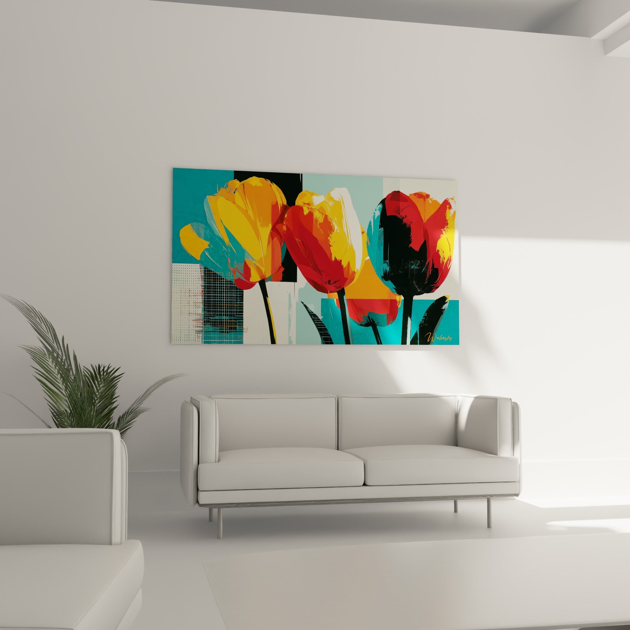 Tulipes turquoise et orange superposées en collage coloré, au-dessus d'un canapé dans un salon lumineux