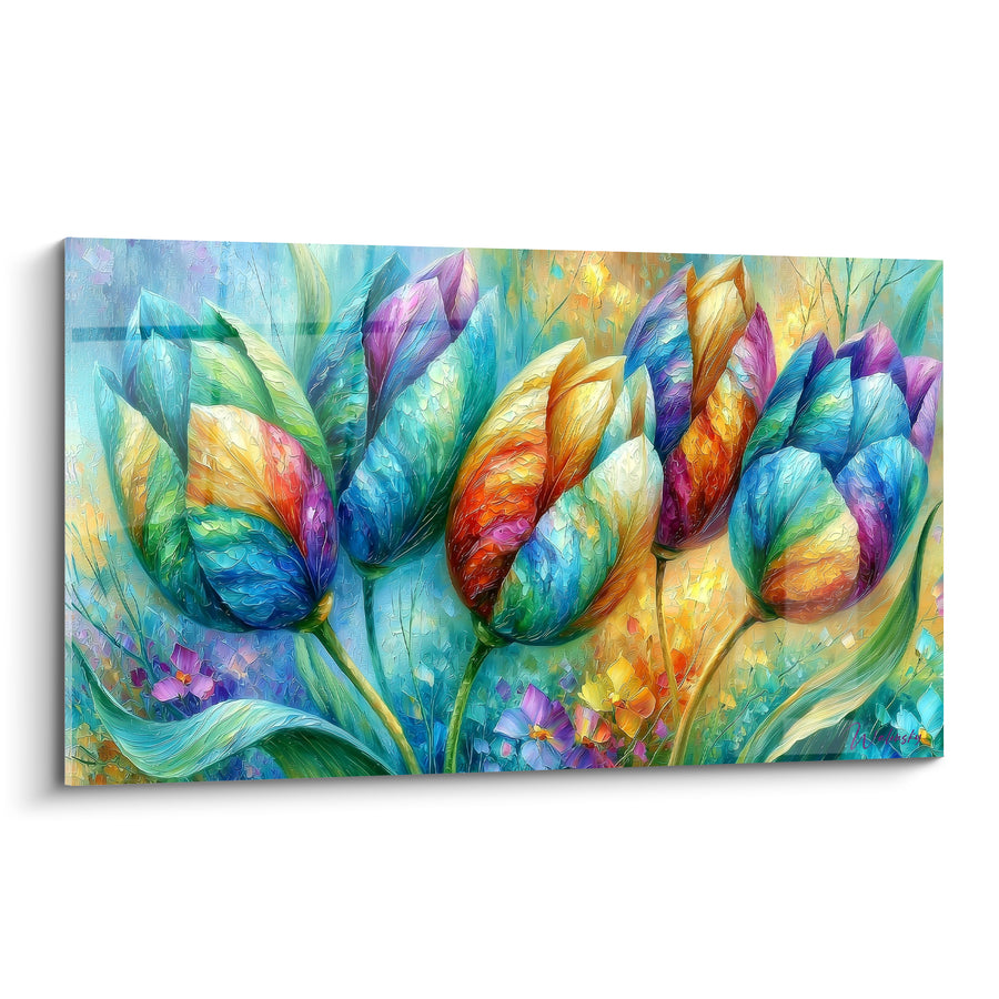 Tableau Tulipes turquoise et dorées aux petites fleurs sauvages - Prisme floral irisé - Edition Tulipe
