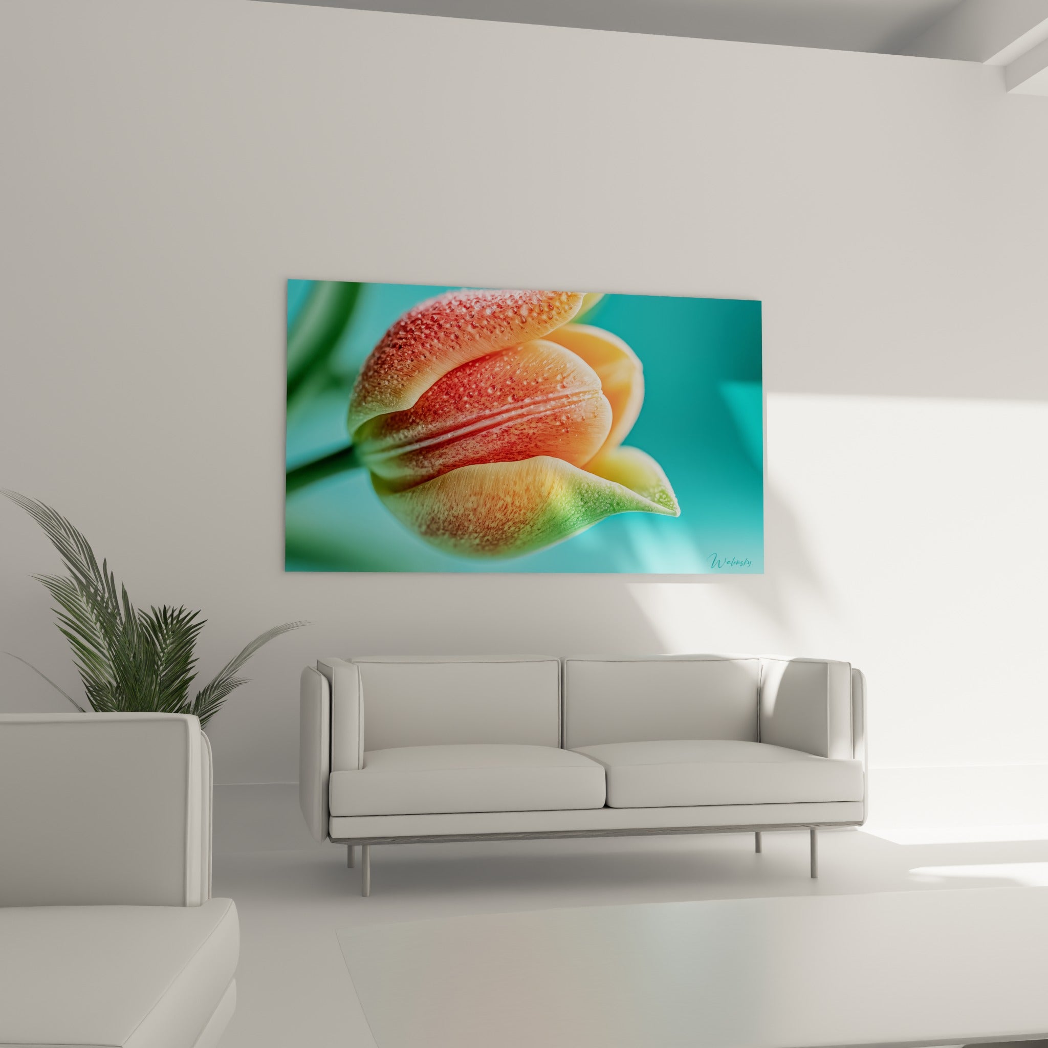Tulipe turquoise et corail en gros plan floral, placée au-dessus d'un canapé dans un salon lumineux