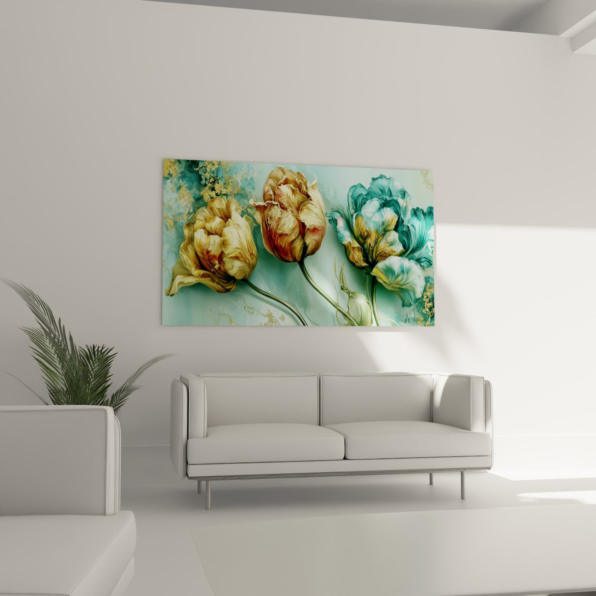 Tulipes dorées aux nuances cuivrées et turquoise profond, disposées au-dessus d'un canapé dans un salon lumineux