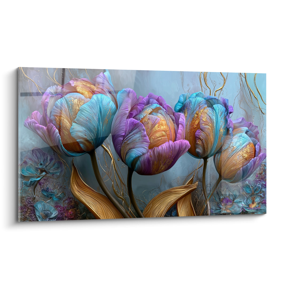 Tulipes turquoise et violettes aux nervures dorées, pétales veloutés en pleine floraison sur fond bleuté