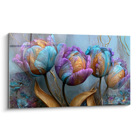 Tulipes turquoise et violettes aux nervures dorées, pétales veloutés en pleine floraison sur fond bleuté