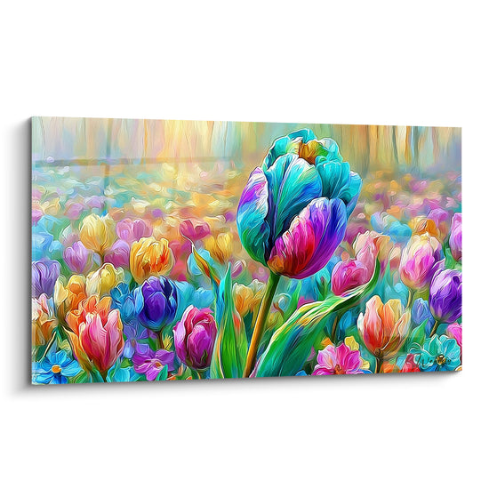 Tulipe turquoise et violette dressée au-dessus d'un champ dense de fleurs roses et jaunes peintes