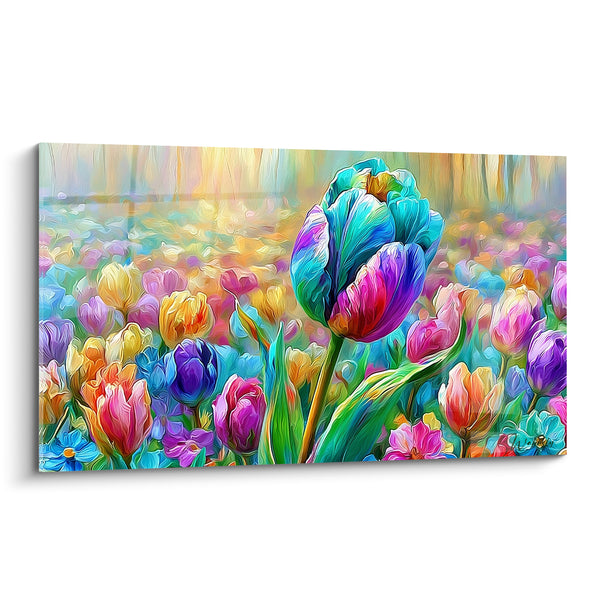 Gemälde Tulpe Türkis und Violett, die ein buntes Feld dominiert - Verschwommenes buntes Feld - Tulpen-Edition