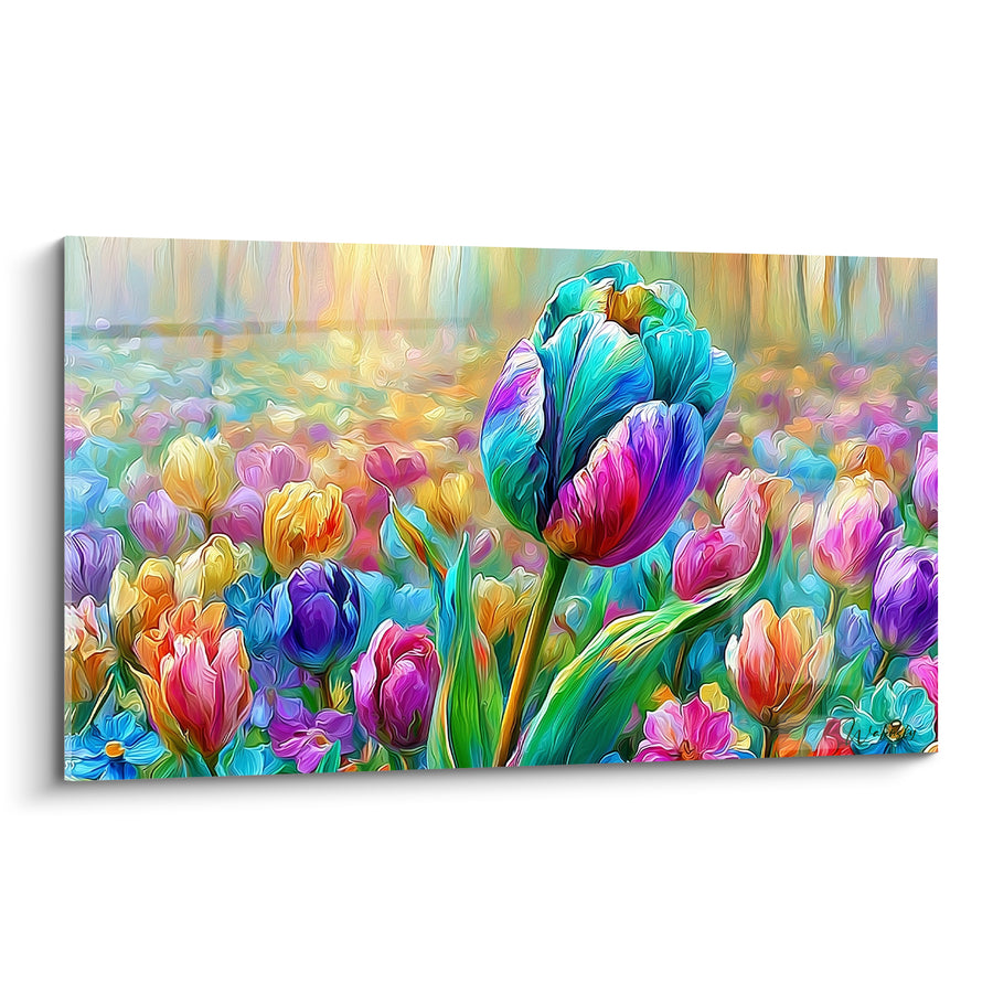Tableau Tulipe turquoise et violette dominant un champ bariolé - Champ bariolé flouté - Edition Tulipe