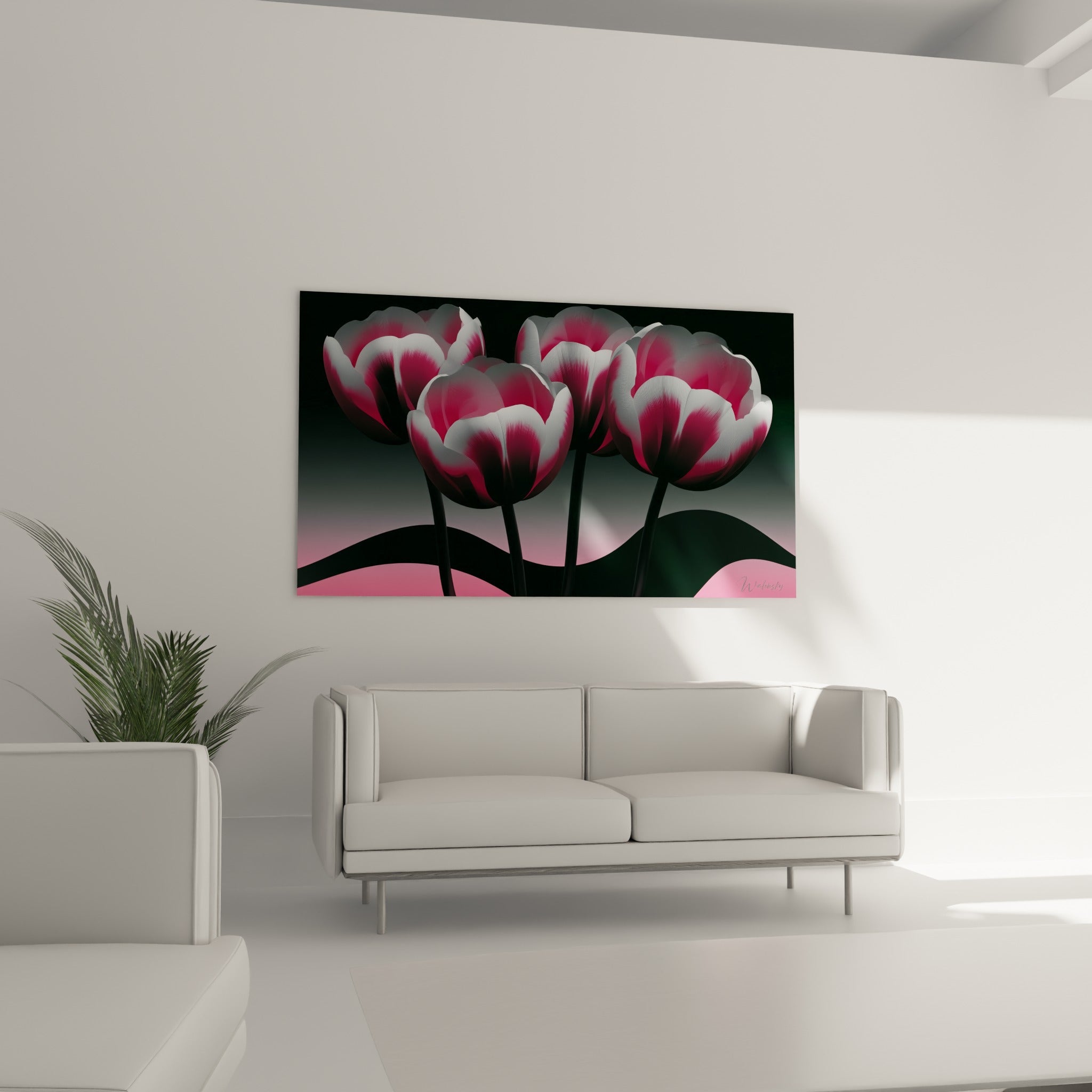 Corolles tulipe blanc et fuchsia surplombant un canapé dans un salon lumineux et épuré