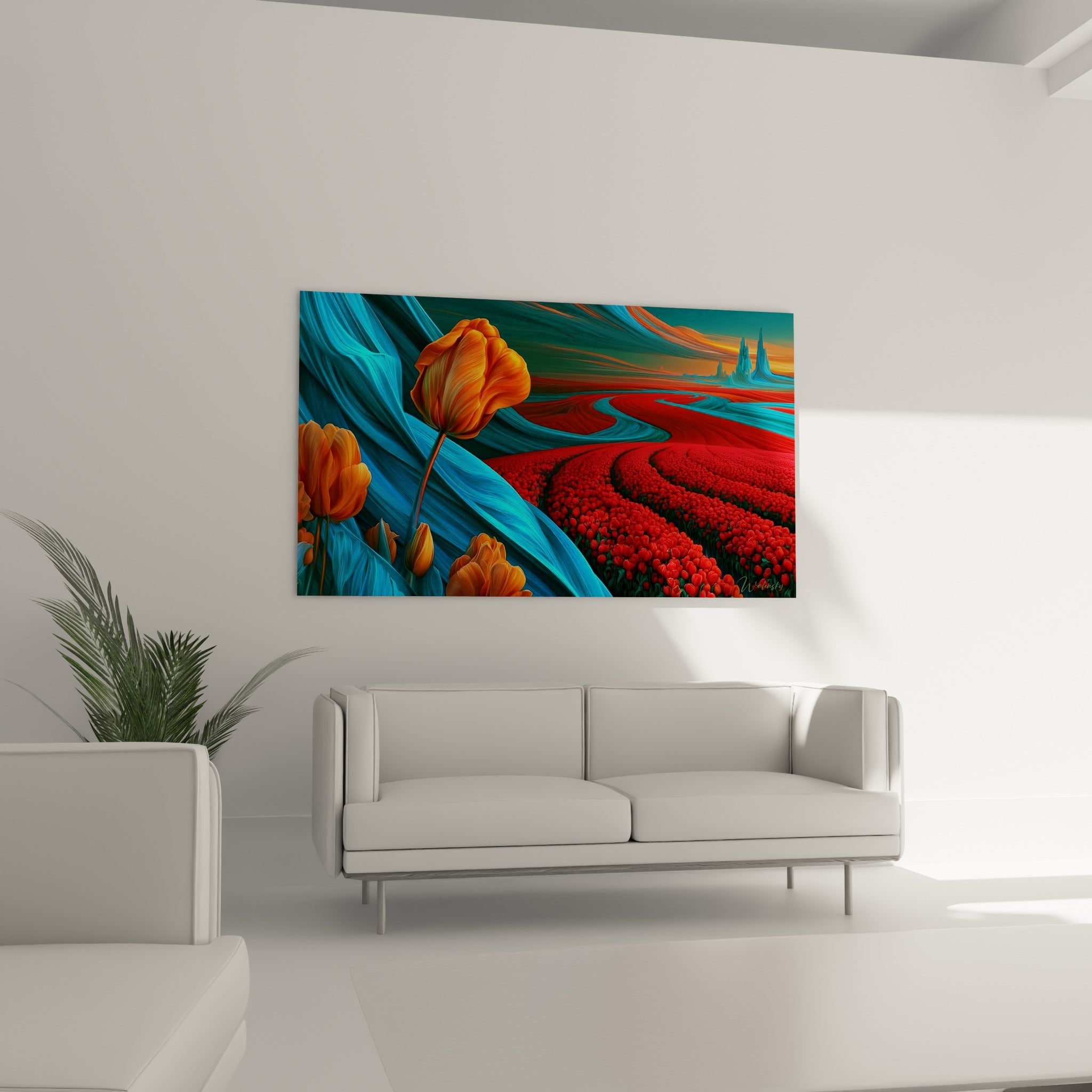Vagues bleu turquoise et tulipes orange au-dessus d'un canapé dans un salon lumineux