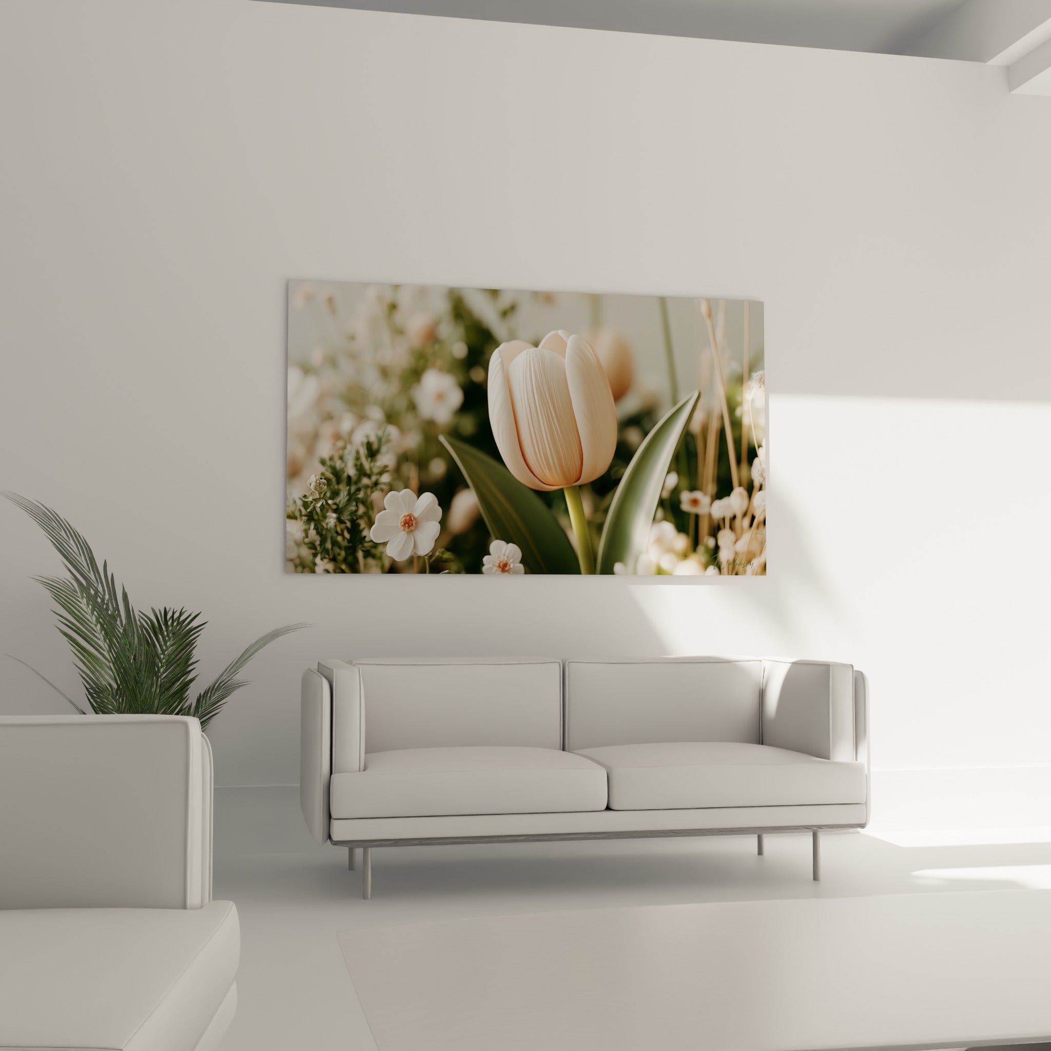 Pétales veinés de la tulipe crème se détachant d'un jardin flouté vert et blanc, au-dessus d'un canapé dans un salon lumineux
