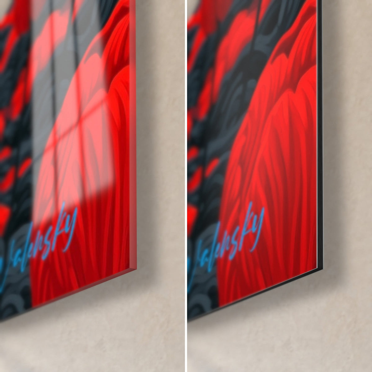 Schilderij met felrode tulp met zwarte strepen, rechtsonder in beeld, glanzend acrylglas links, mat Dibond rechts