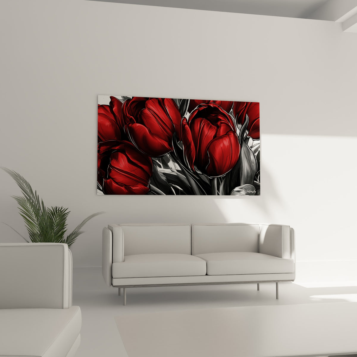 Pétales de tulipes rouge sombre et tiges anthracite au-dessus d'un canapé dans un salon lumineux.