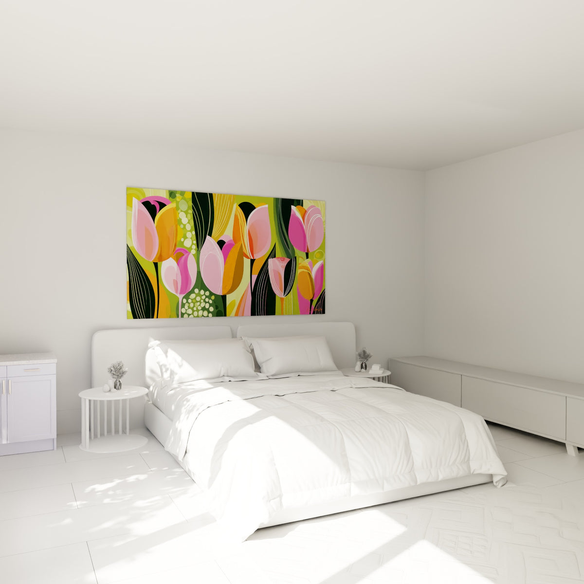 Tulipes fuchsia et vert olive illustrées, tableau accroché au-dessus d'un lit dans une chambre claire