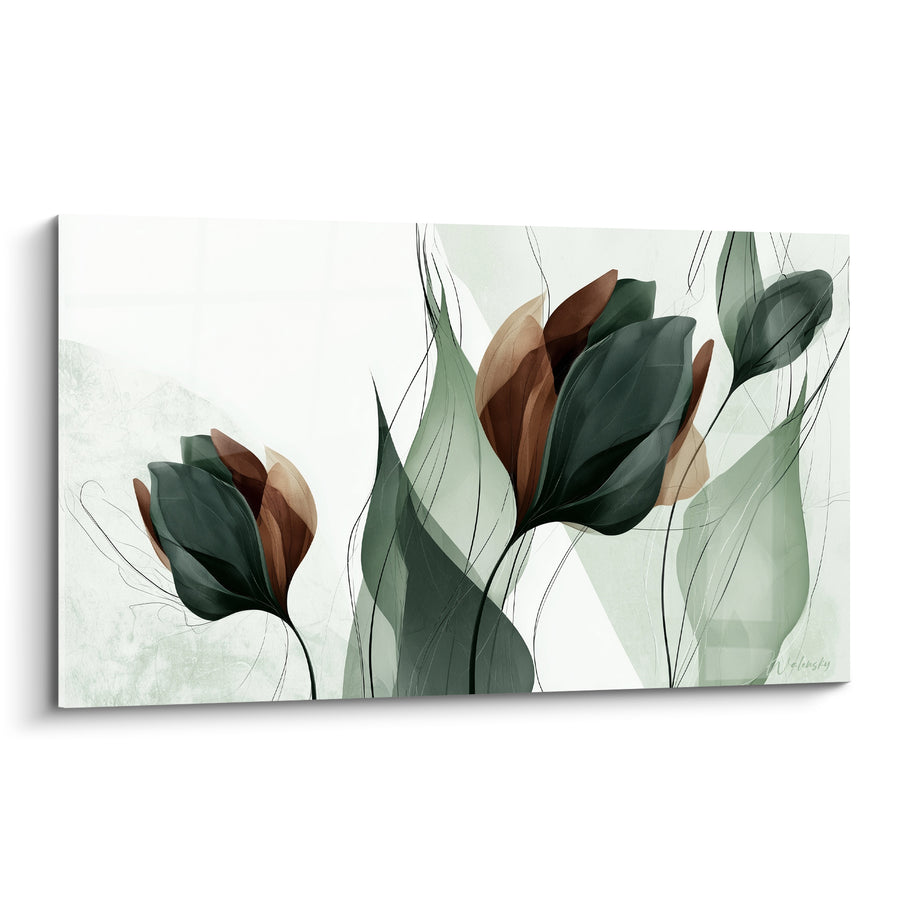 Tableau Tulipes vert sombre et cuivre aux traits filiformes - Fond vert amande - Edition Tulipe