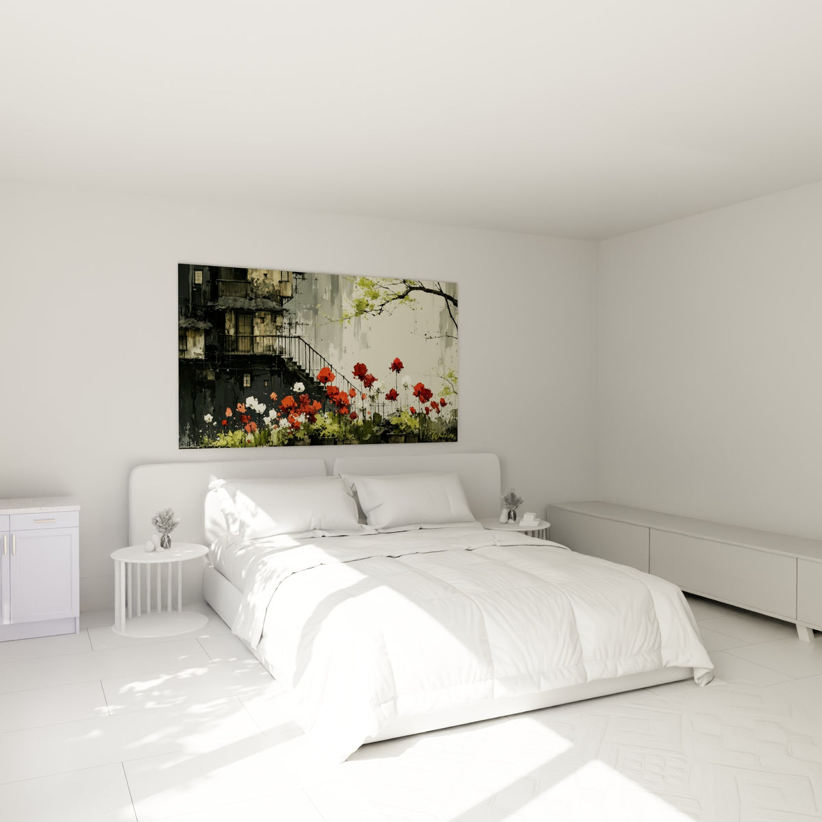 Bouquet de tulipes rouges et vert sauge peint au-dessus d'un lit dans une chambre claire