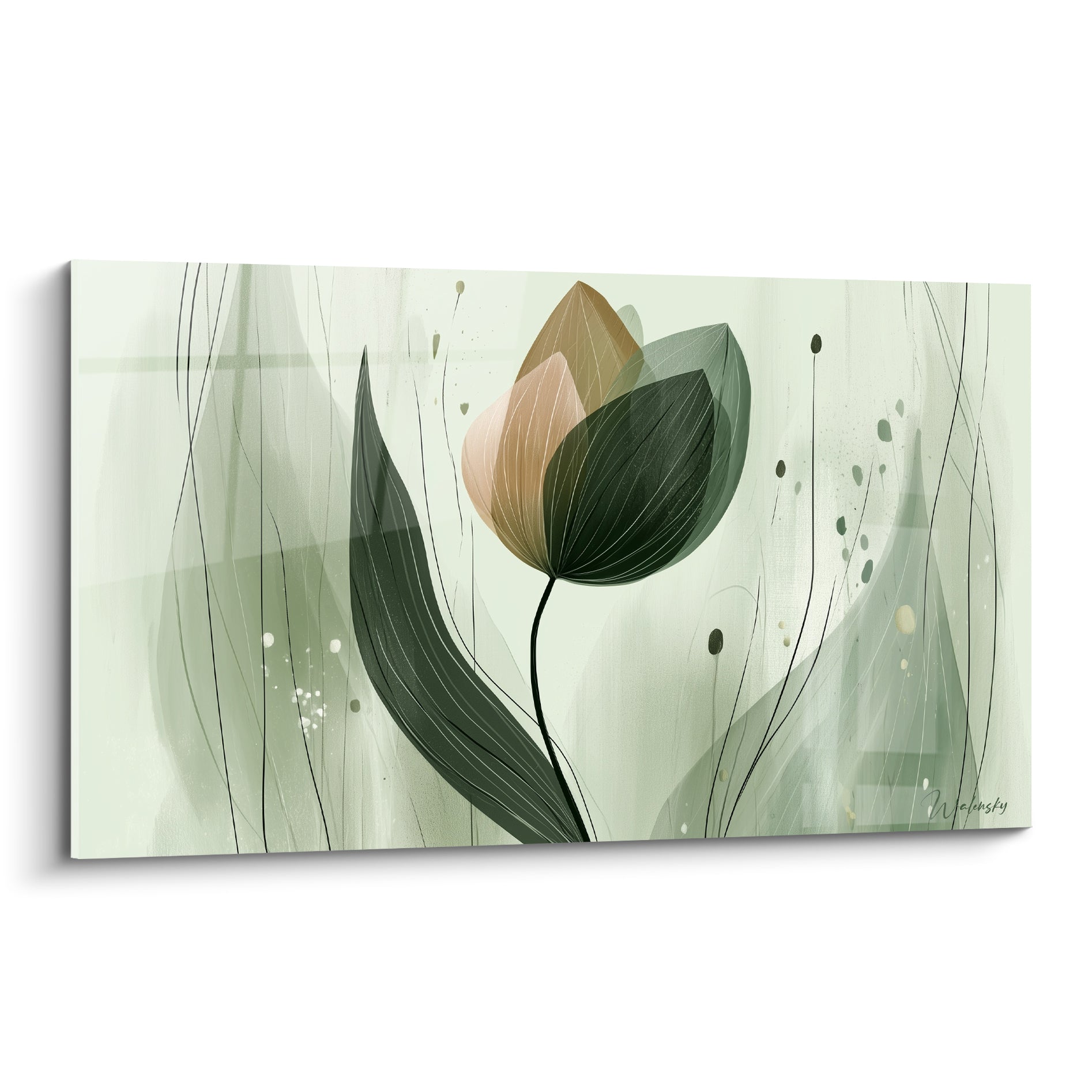 Tulipe stylisée en vert sauge et ocre, pétales graphiques sur fond végétal texturé