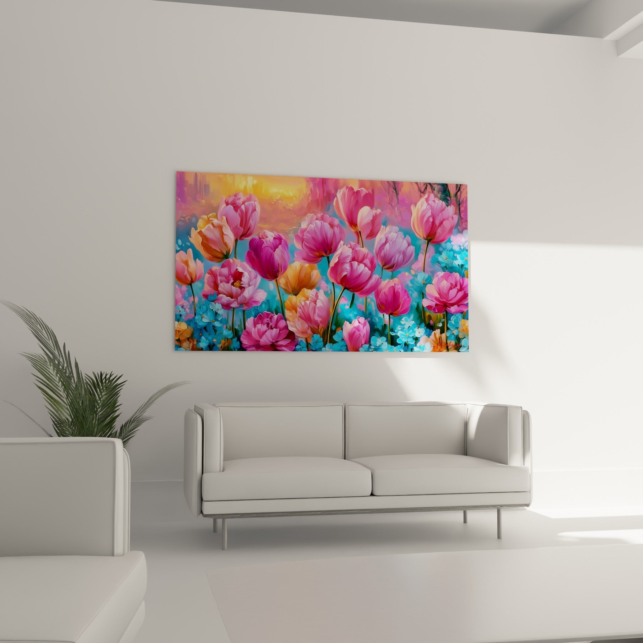 Fleurs de tulipes turquoise et rose vif suspendues au-dessus d'un canapé dans un salon lumineux