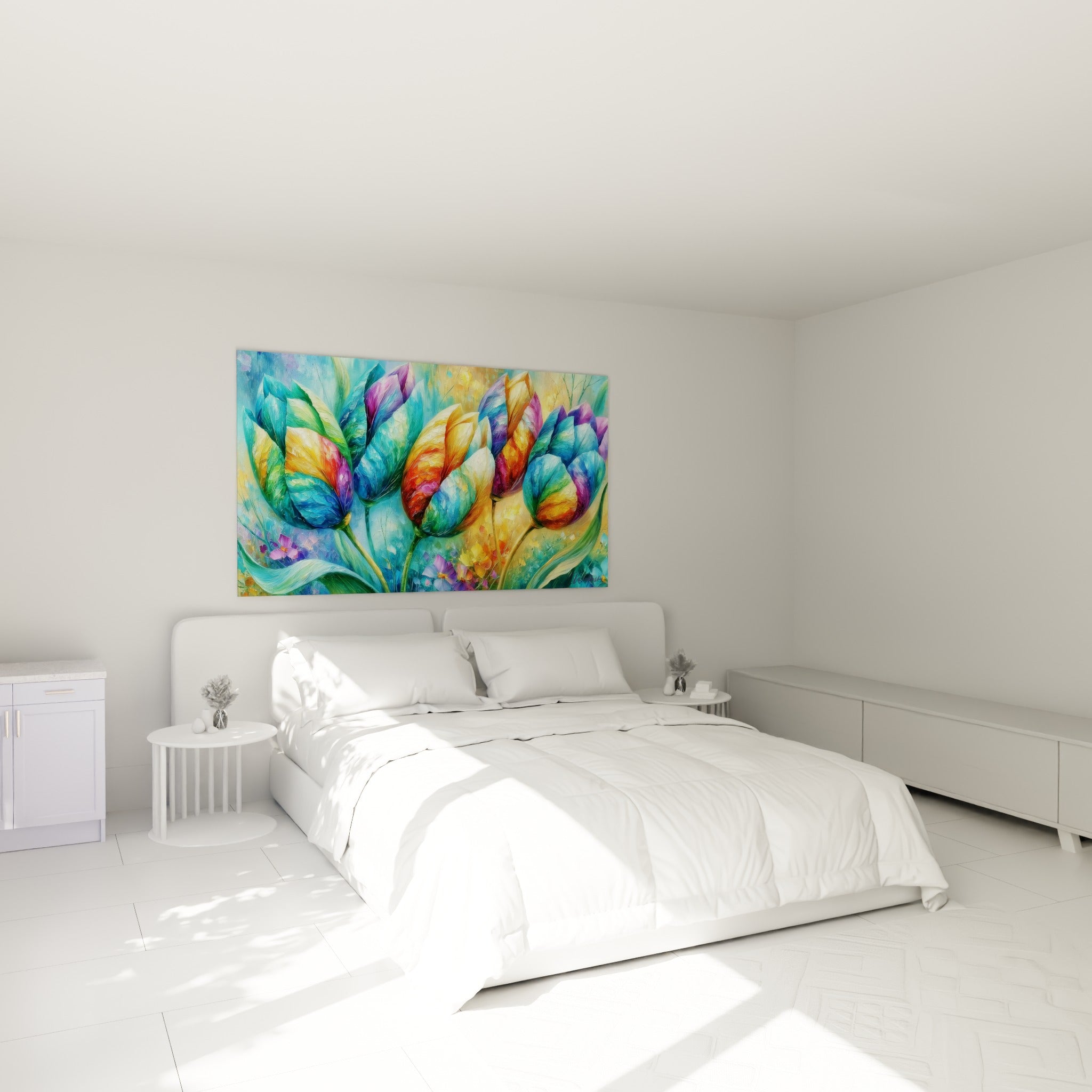 Tulipes violettes et dorées empâtées au-dessus d'un lit dans une chambre claire et apaisante