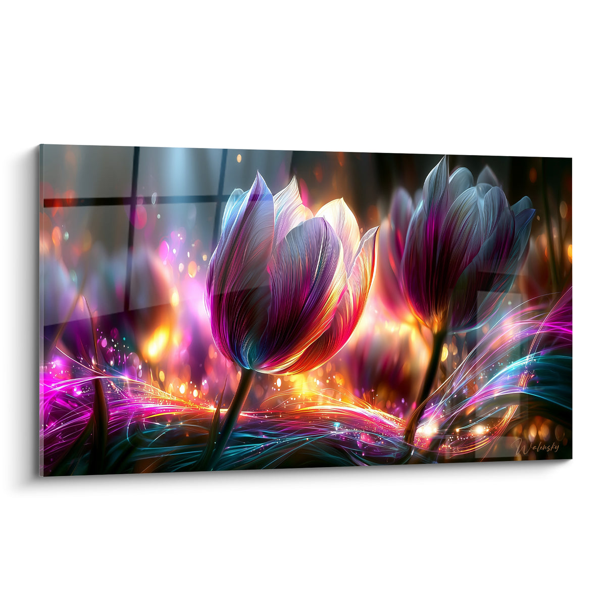 Tulipes violettes et dorées aux pétales lumineux traversés de filaments turquoise et magenta étincelants