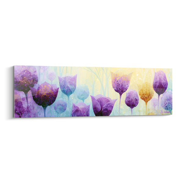 Tableau Tulipes violettes et bleues aux motifs dentelés - Silhouettes d'arbres en arrière-plan - Edition Tulipe
