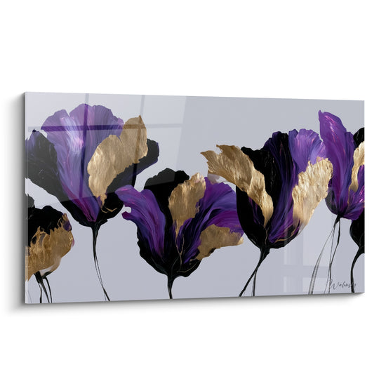 Tulipes violettes et dorées aux pétales noirs peintes sur fond gris perle lumineux