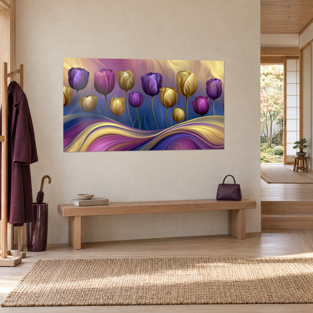 Tableau bouquet de tulipes mauves et ocre sur fond bleu nuit, vue de trois-quarts près d'un banc en bois clair