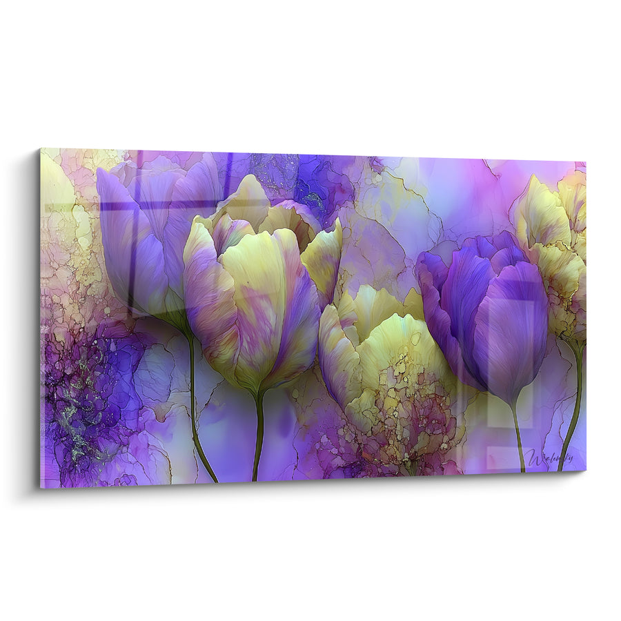 Tableau Tulipes violettes et jaunes aux fonds marbrés - Encre fluide translucide - Edition Tulipe