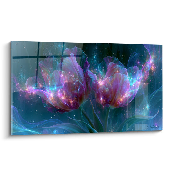 Tulipes violettes et magenta scintillantes de lumière dorée sur fond bleu marine étoilé