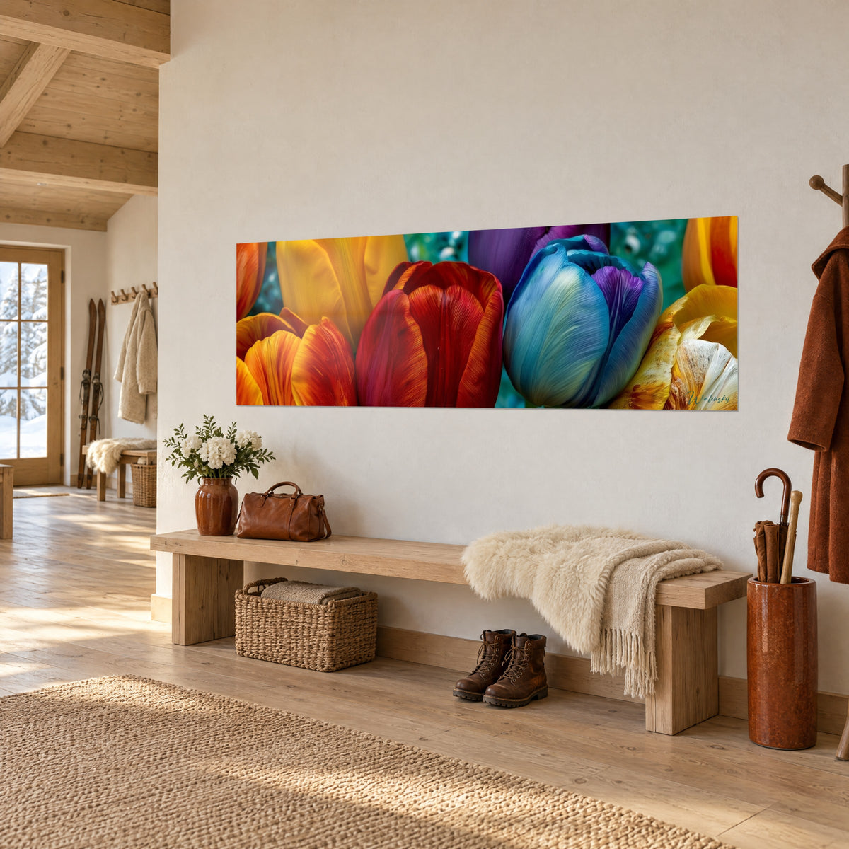 Tableau bouquet panoramique de pétales safran, rouge et violet, vu de trois-quarts sur un mur blanc d'entrée de chalet