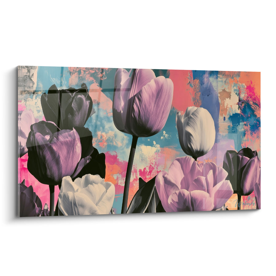 Tableau Tulipes mauves et blanches sur fond peint abstrait - Collage floral coloré - Edition Tulipe