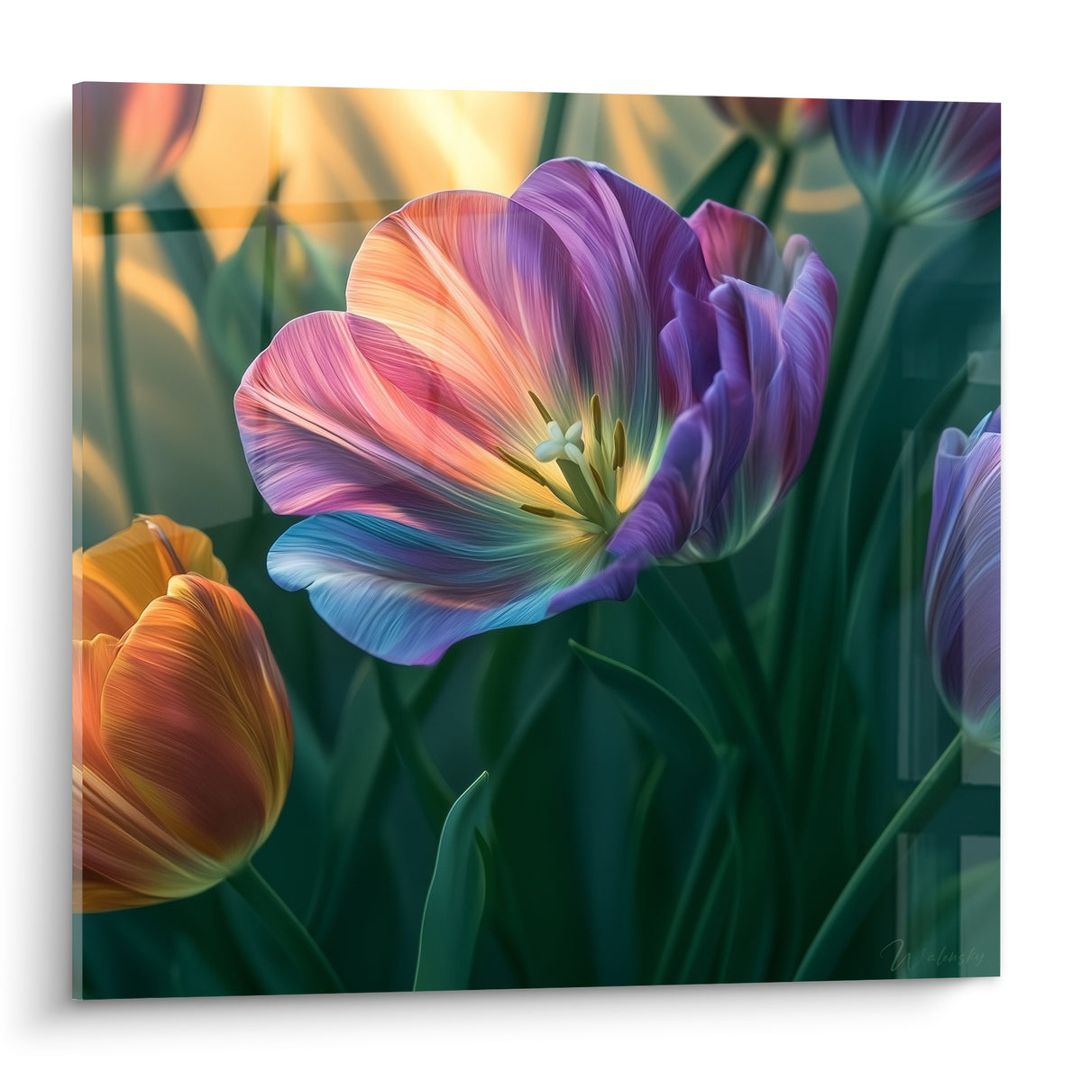 Tulipe violette et bleu pastel aux pétales lumineux, peinture détaillée sur fond doré flou
