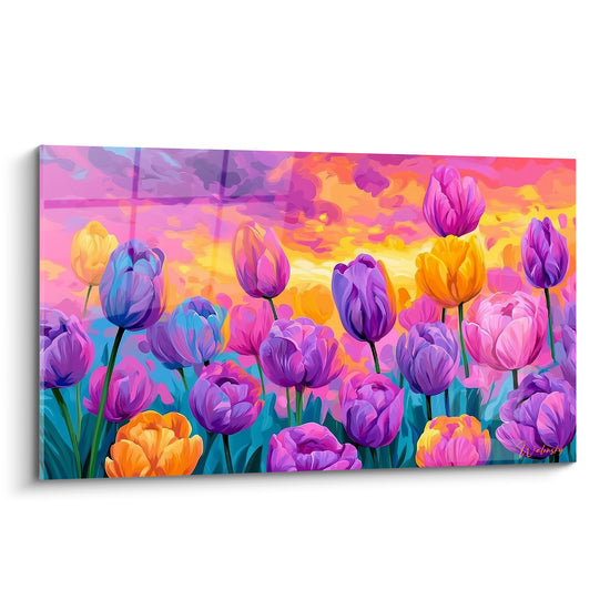 Tulipes violettes et orangées peintes sous un ciel rose et doré au style expressif