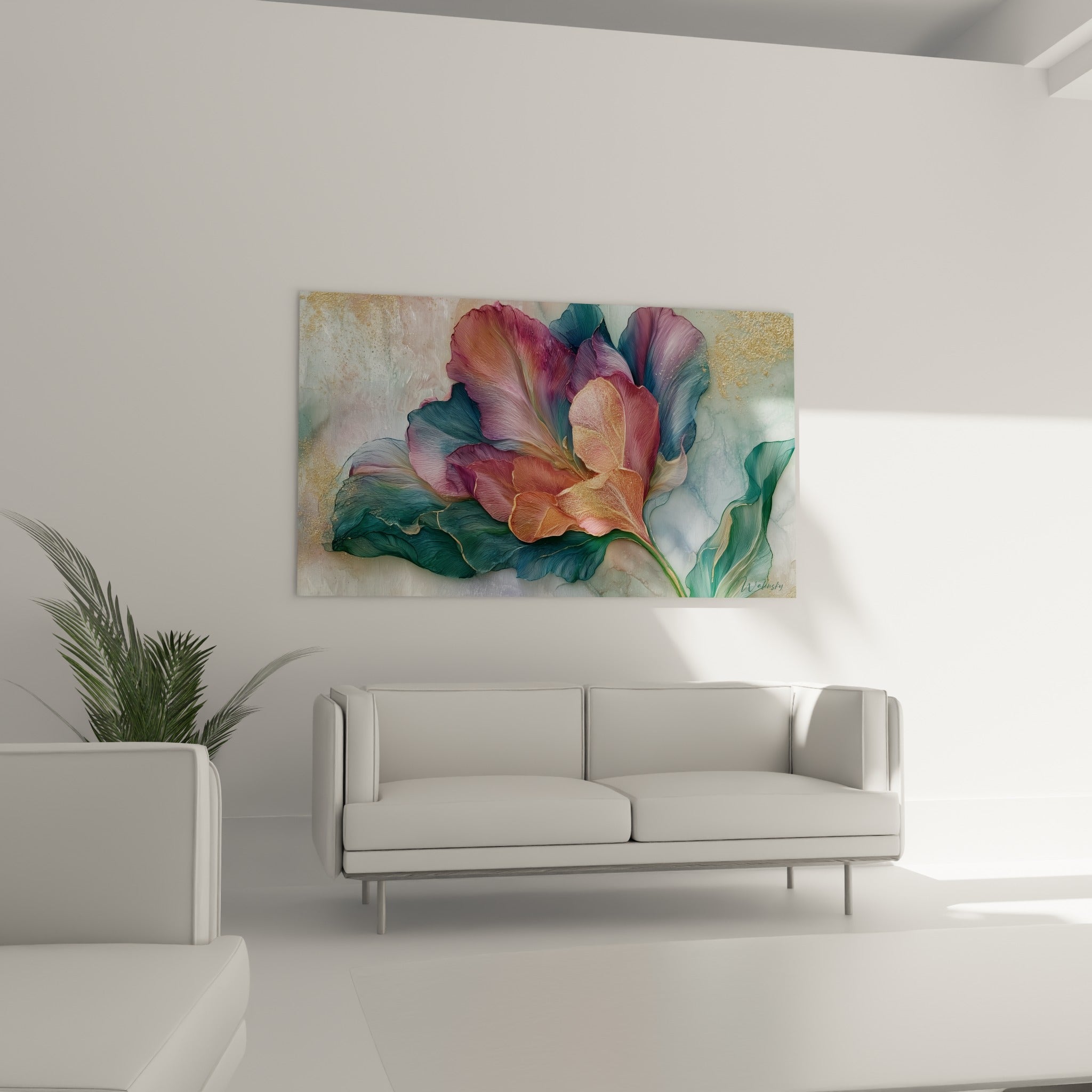 Fleur de tulipe corail et violette éclatante au-dessus d'un canapé dans un salon lumineux