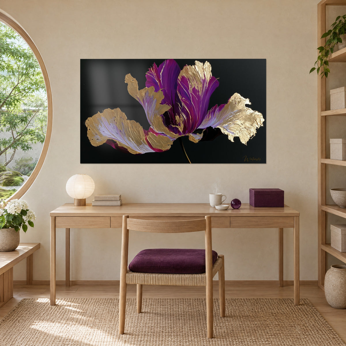 Tableau fleur sauvage pourpre aux bords d'or éclatant sur noir profond, au-dessus d'un bureau en bois clair, chaise prune