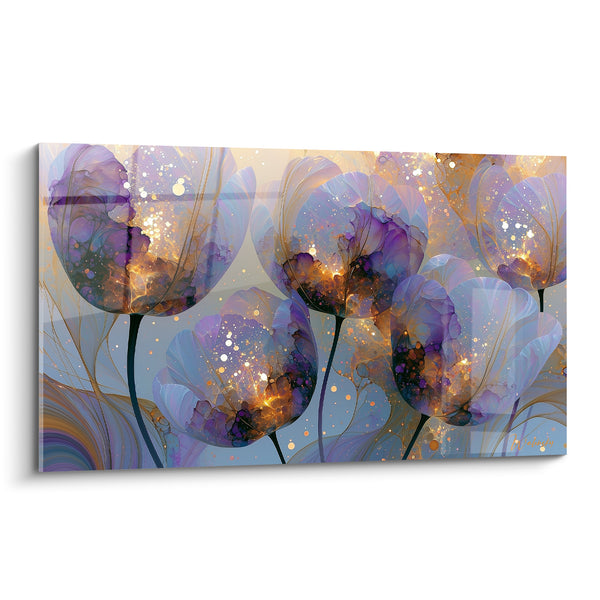 Tableau Tulipes violettes et dorées aux éclaboussures scintillantes - Vrilles filigranées dorées - Edition Tulipe