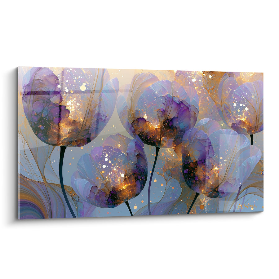 Tableau Tulipes violettes et dorées aux éclaboussures scintillantes - Vrilles filigranées dorées - Edition Tulipe