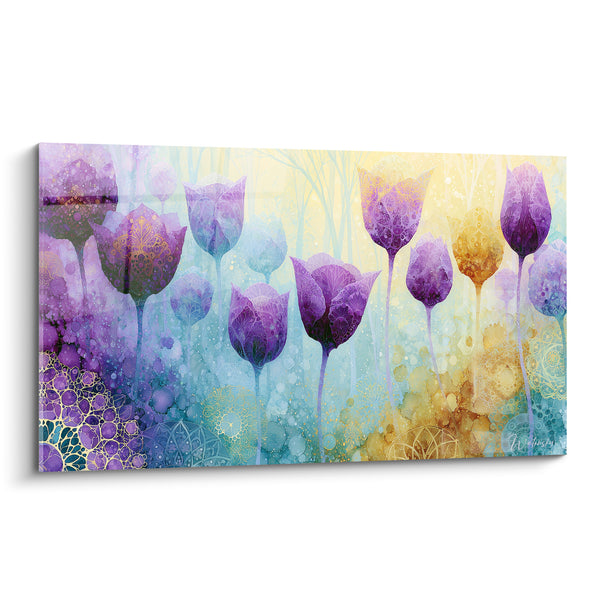Tableau Tulipes violettes et turquoise aux motifs mandala dorés - Sous bois féerique - Edition Tulipe