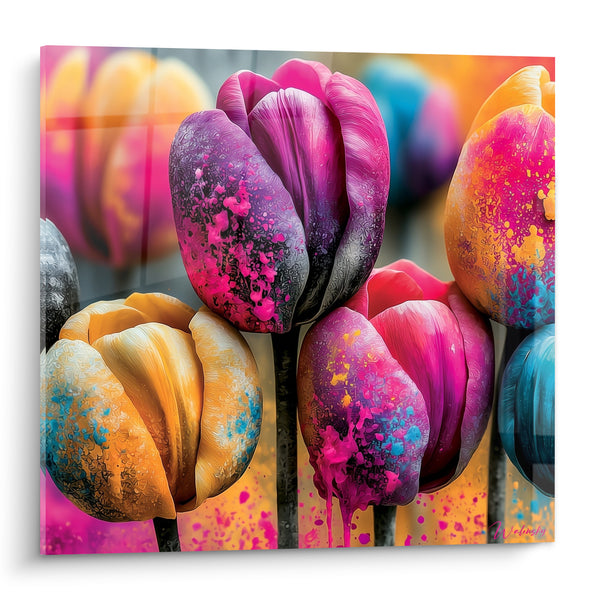 Tableau Tulipes violettes et jaunes éclaboussées de peinture - Éclosion vibrante - Edition Tulipe