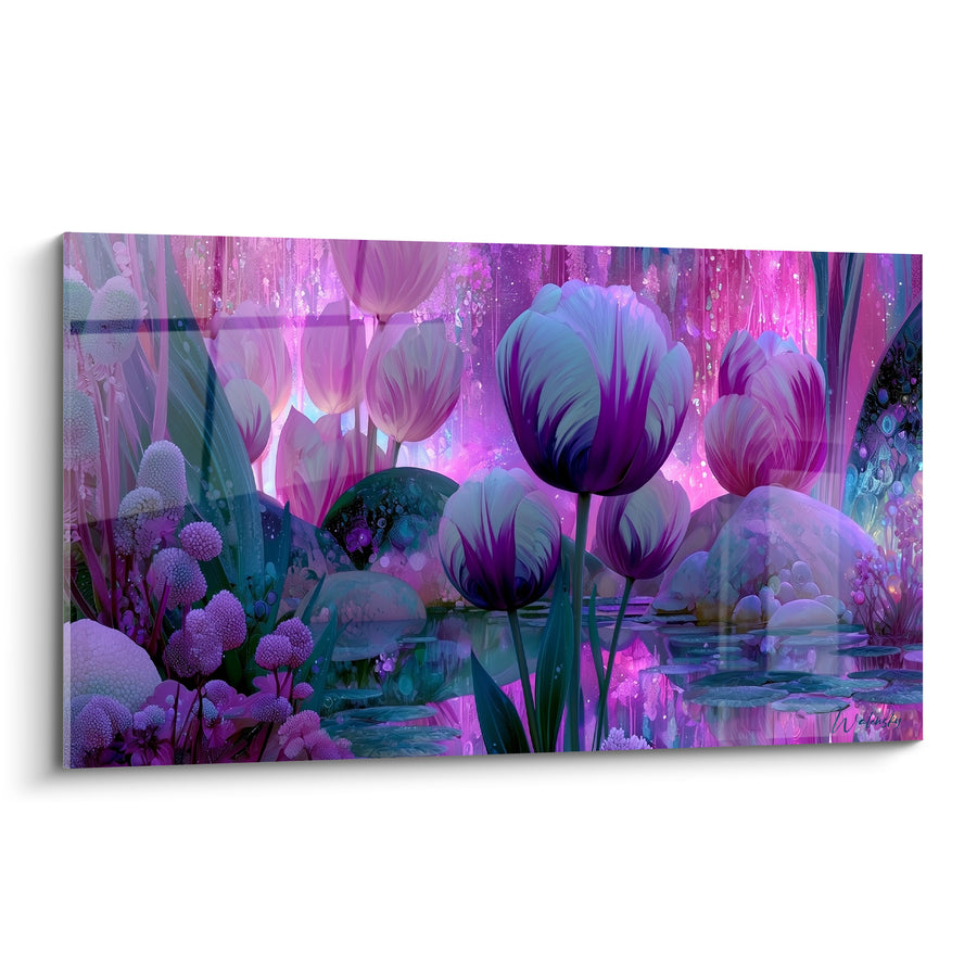 Tableau Tulipes violettes et roses près d'un étang - Rochers moussus féeriques - Edition Tulipe