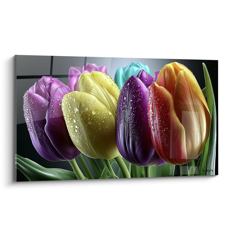 Tableau Tulipes violette et jaune aux gouttelettes brillantes - Rangée de pétales serrés - Edition Tulipe